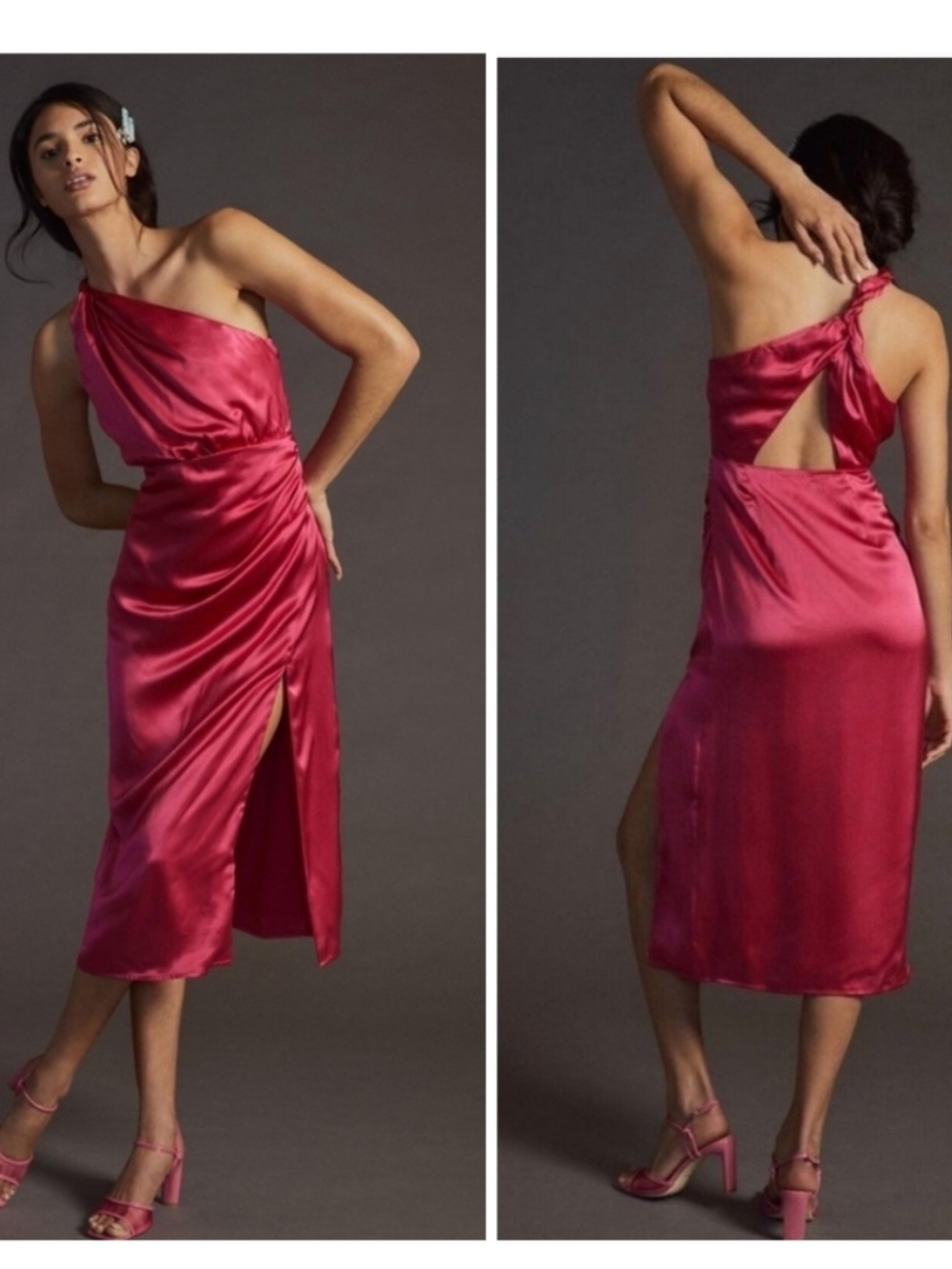 Anthropologie One-Shoulder Satin Midi Dress in Fuchsia